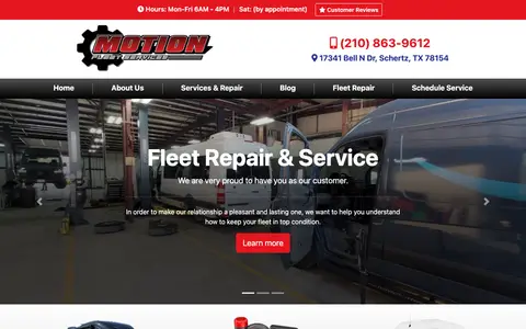 Home page of motionfleetservicestx.com, a client site credited to Ready Power Market