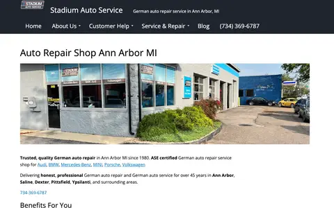 Home page of stadiumautoservice.com, a client site credited to RobMax Web Solutions