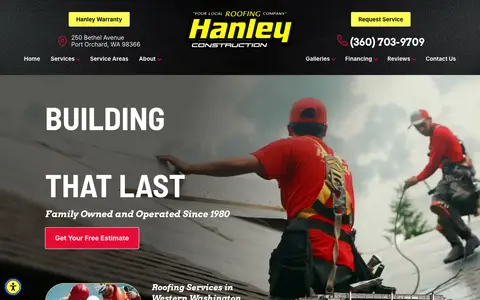 Home page of hanleyroofing.com, a client site credited to RYNO Strategic Solutions