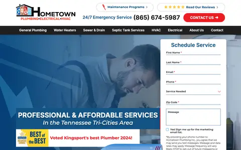 Home page of hometownplumbingtn.com, a client site credited to RYNO Strategic Solutions