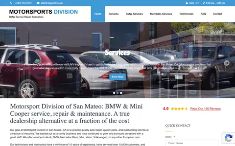 Home page of bmwrepairsanmateo.com, a client site credited to San Francisco Online Marketing