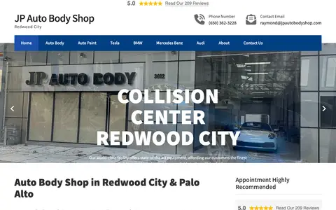 Home page of jpautobodyredwoodcity.com, a client site credited to San Francisco Online Marketing