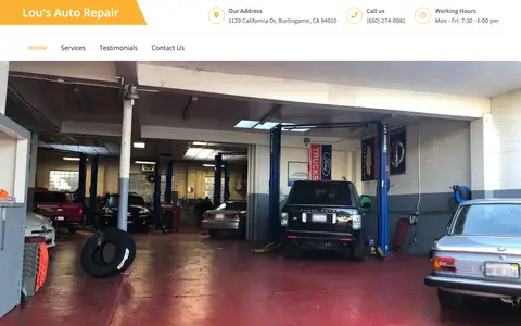 Home page of lousautorepairburlingame.com, a client site credited to San Francisco Online Marketing