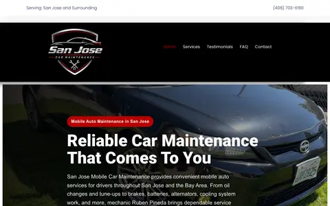 Home page of sanjosemobileautorepair.com, a client site credited to San Francisco Online Marketing