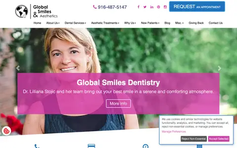 Home page of globalsmilessacramento.com, a client site credited to Siva Solutions