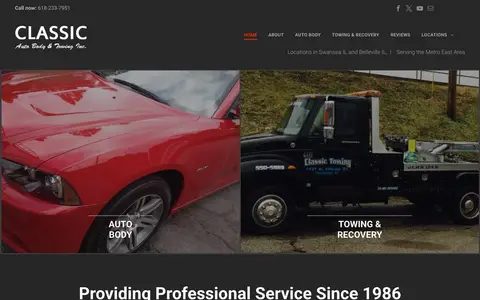 Home page of classicautobodytow.com, a client site credited to Smart Digital Team