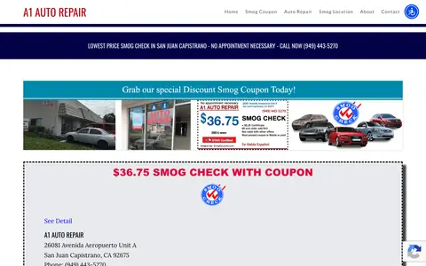 Home page of a1autorepairsmog.com, a client site credited to Smog Websites