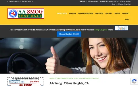 Home page of aasmogcheck.com, a client site credited to Smog Websites