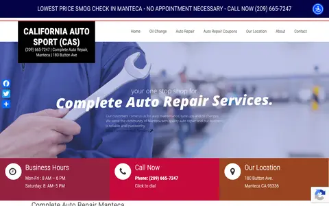 Home page of autorepairmanteca.com, a client site credited to Smog Websites