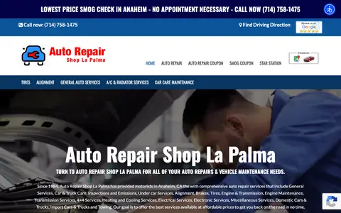 Home page of autorepairshoplapalma.com, a client site credited to Smog Websites