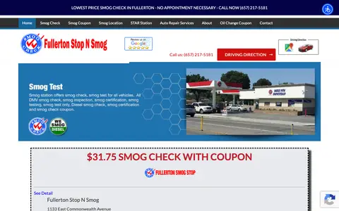 Home page of fullertonsmog.com, a client site credited to Smog Websites