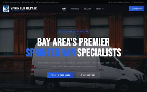 Home page of sprintervansrepair.com, a client site credited to Social Expert Digital