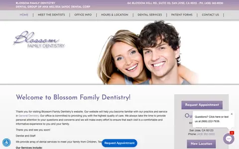 Home page of blossomdentist.com, a client site credited to Solution21