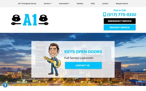 Home page of a1lockandkeyindy.com, a client site credited to The Web Guys