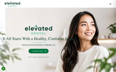 Home page of elevateddentalmilpitas.com, a client site credited to Optima