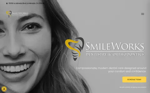 Home page of smileworkslm.com, a client site credited to Optima
