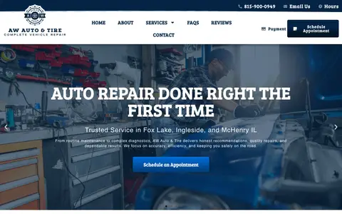 Home page of awautotire.com, a client site credited to Tip the Scales Design