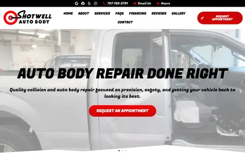 Home page of shotwellsautobody.com, a client site credited to Tip the Scales Design
