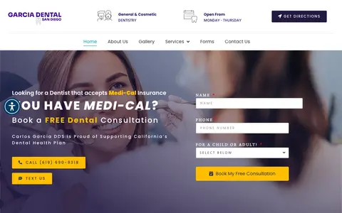 Home page of garciadentalsandiego.com, a client site credited to Websites for Dentistry