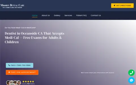 Home page of mdentalcareoceanside.com, a client site credited to Websites for Dentistry