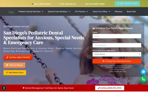 Home page of pediatricdentistrysandiego.com, a client site credited to Websites for Dentistry