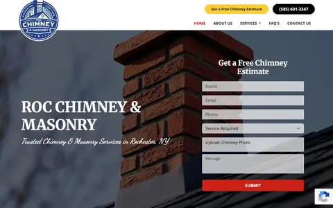 Home page of rocchimneyandmasonry.com, a client site credited to webWAH!