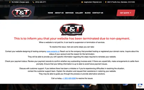 Home page of tandtautorepair.net, a client site credited to Wxperts