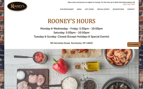 Home page of rooneysrestaurant.com, a client site credited to Site Hub